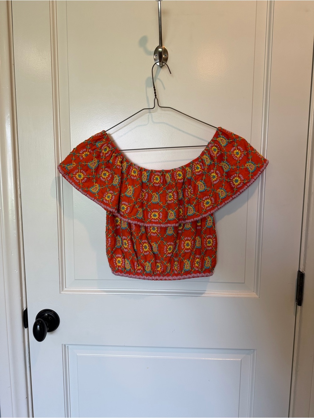 Topshop Orange Cropped Ruffle Top with Multicolor Floral Embroidery